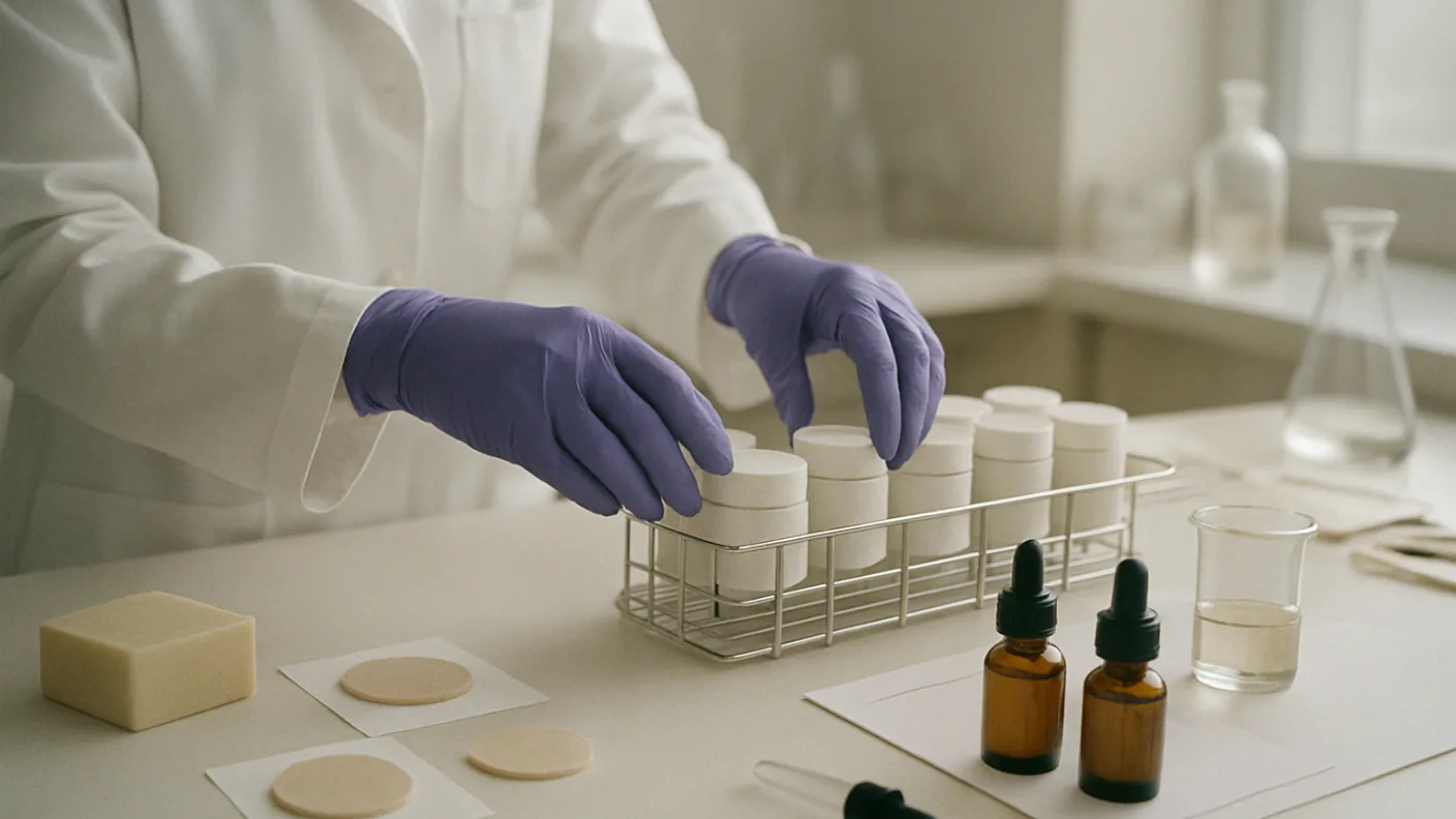 Technician placing a labelled cream sample into a test rack in a clean laboratory