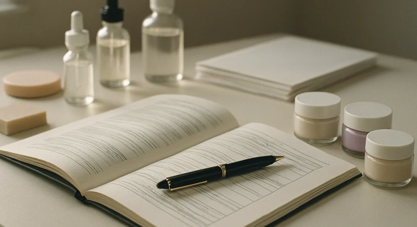A bound safety report lying open on a desk beside a fountain pen, a stack of ingredient data sheets and small cosmetic jars in soft daylight