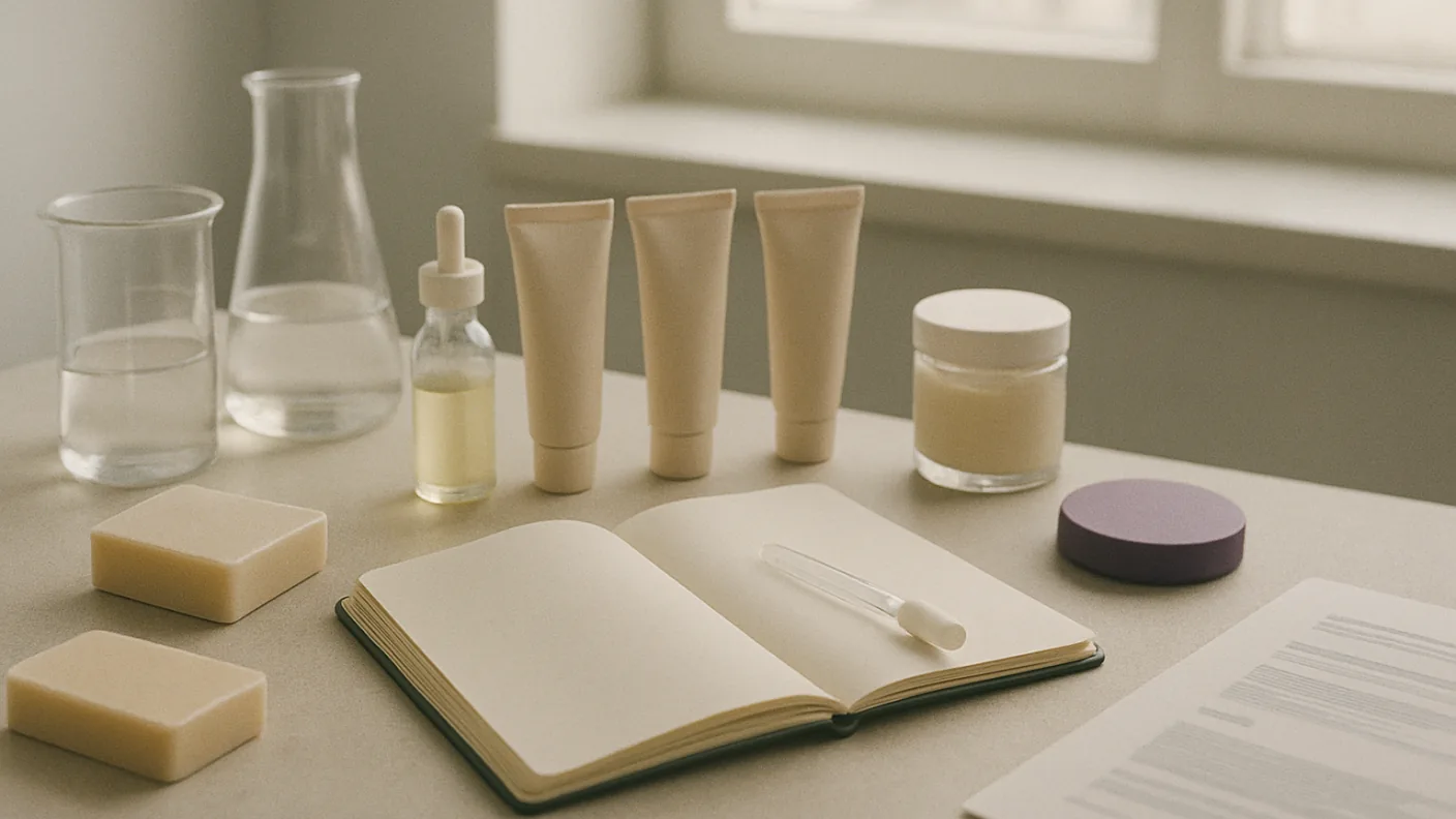 A clean laboratory bench with glass beakers, a notebook and a row of cosmetic tubes in bright, even light