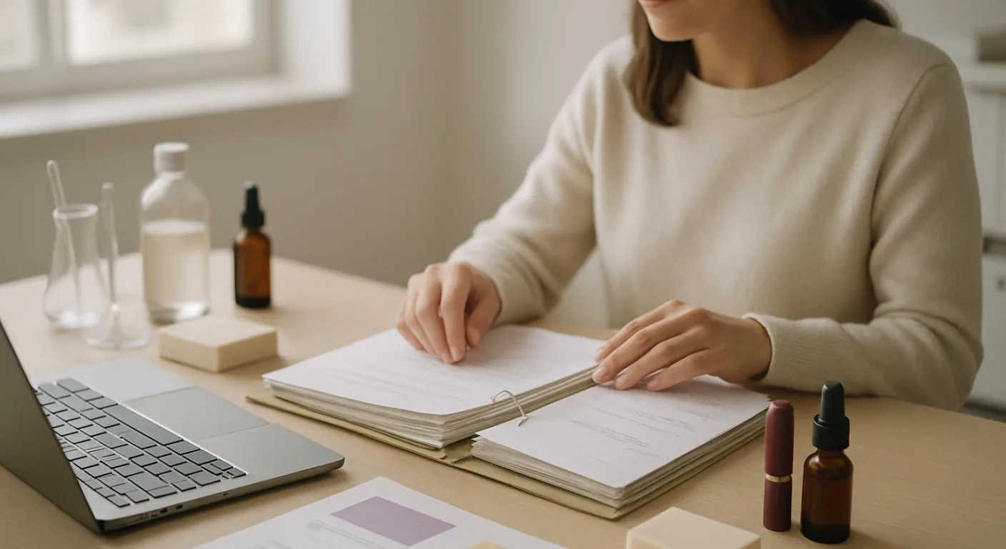 A cosmetics founder at a desk with printed product file folders, a laptop angled away from view, two lipstick tubes and a small dropper bottle in soft window light