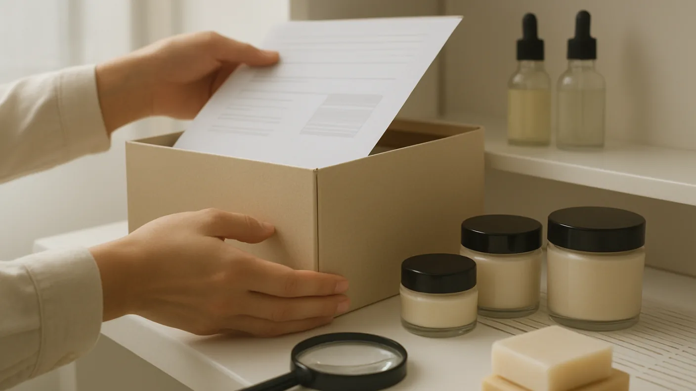 Hands placing a printed product information file into an archive box on a shelf beside a row of cosmetic jars and a magnifying glass