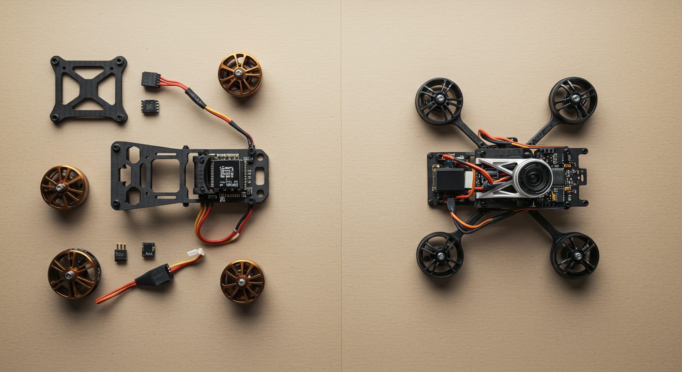 FPV drone components laid out on a workbench beside a completed ready-to-fly 5-inch quad — frame, motors, ESC stack, flight controller, and tools showing the build vs buy choice