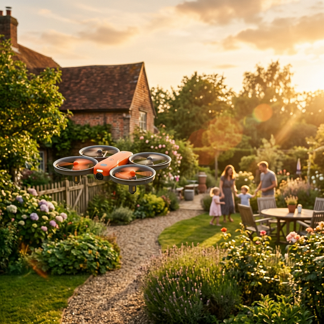 Aero 1 Lite mini drone hovering over UK countryside at golden hour