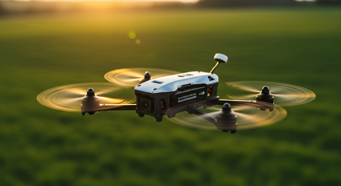 A compact UK-made FPV drone in flight over open countryside, showing sealed rear battery and DJI O4 video transmitter module