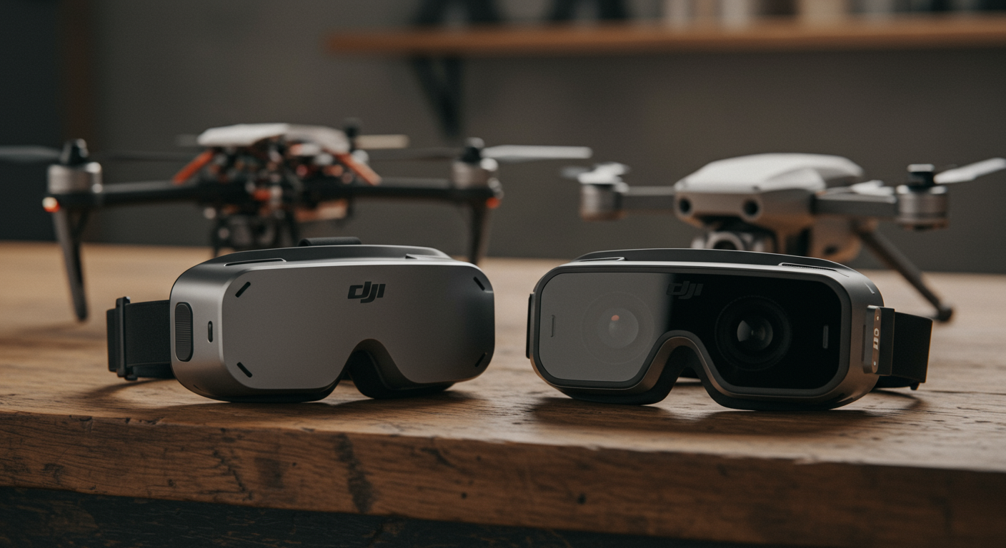 DJI Goggles 3 and Goggles N3 placed side by side on a wooden workbench, FPV quadcopter in the background