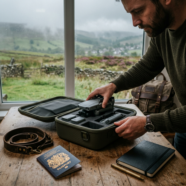 Aero 1 Lite mini drone hovering over UK countryside at golden hour
