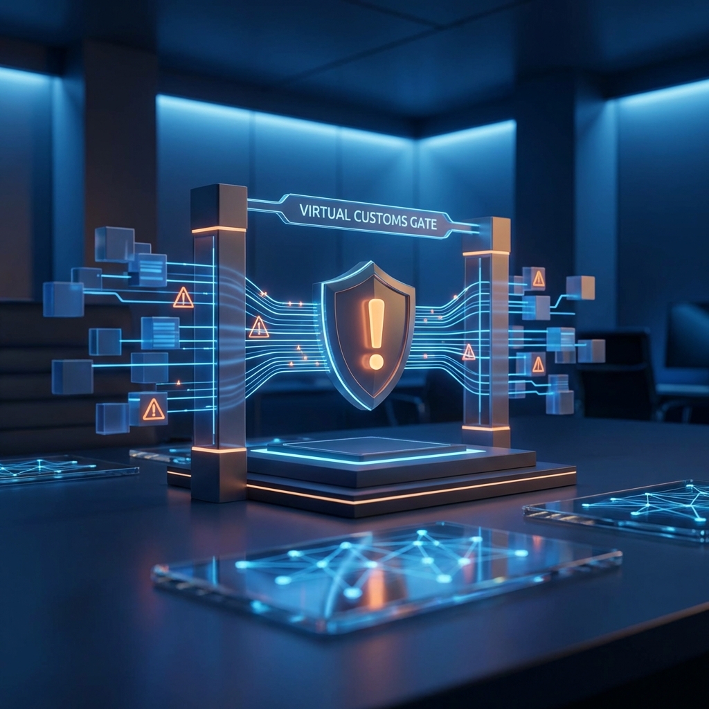 EU Compliance Enforcement - Virtual customs gate with warning shields