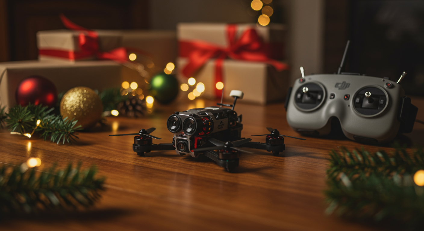 A 5-inch FPV drone with a wrapped gift ribbon resting on a table, DJI goggles and a radio transmitter visible alongside