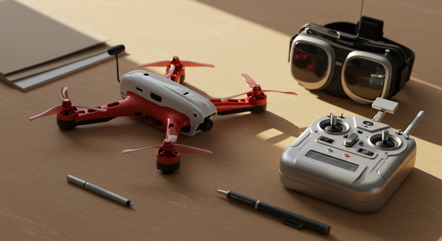 FPV drone glossary — a MemAero FPV drone with goggles and radio controller laid out, labelled gear for beginners