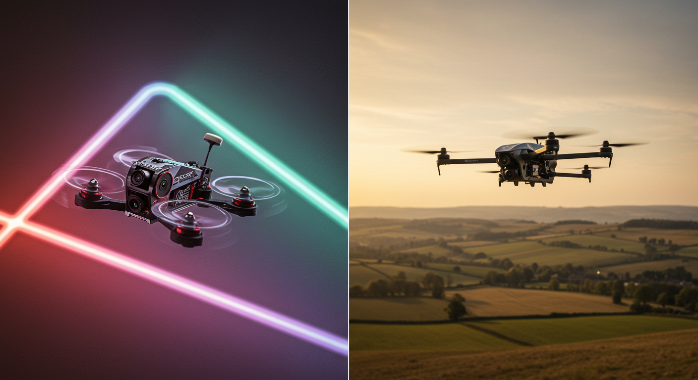 Side-by-side comparison of a racing FPV drone at speed through a gate and a 7-inch cinematic drone banking over a UK landscape