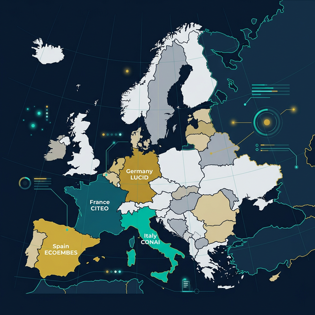 EPR packaging regulations by EU country — CITEO, LUCID, ECOEMBES, CONAI overview map