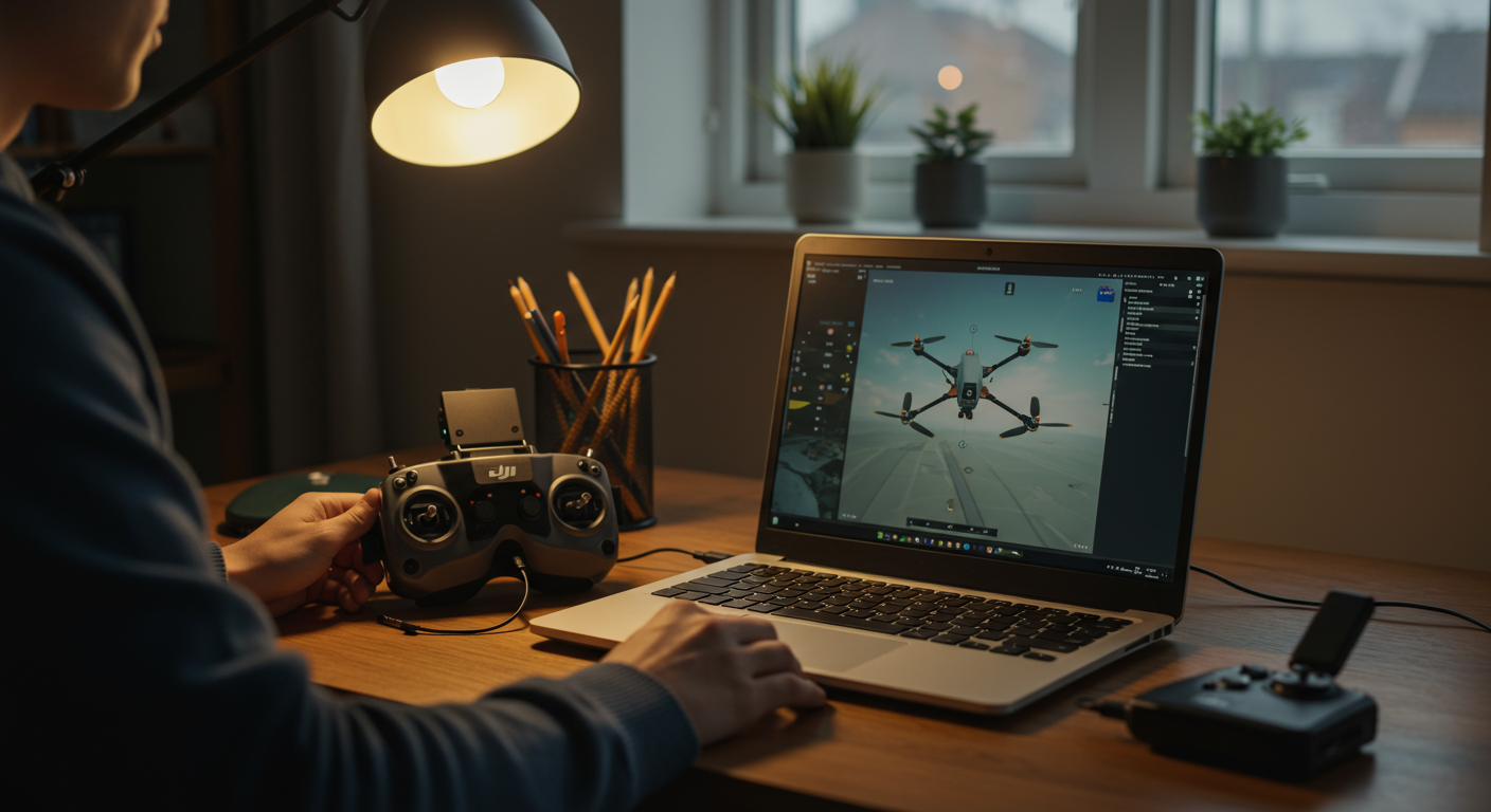 Beginner FPV pilot at a laptop running an FPV drone simulator with a radio controller on the desk, drone goggles beside it, indoor home setup