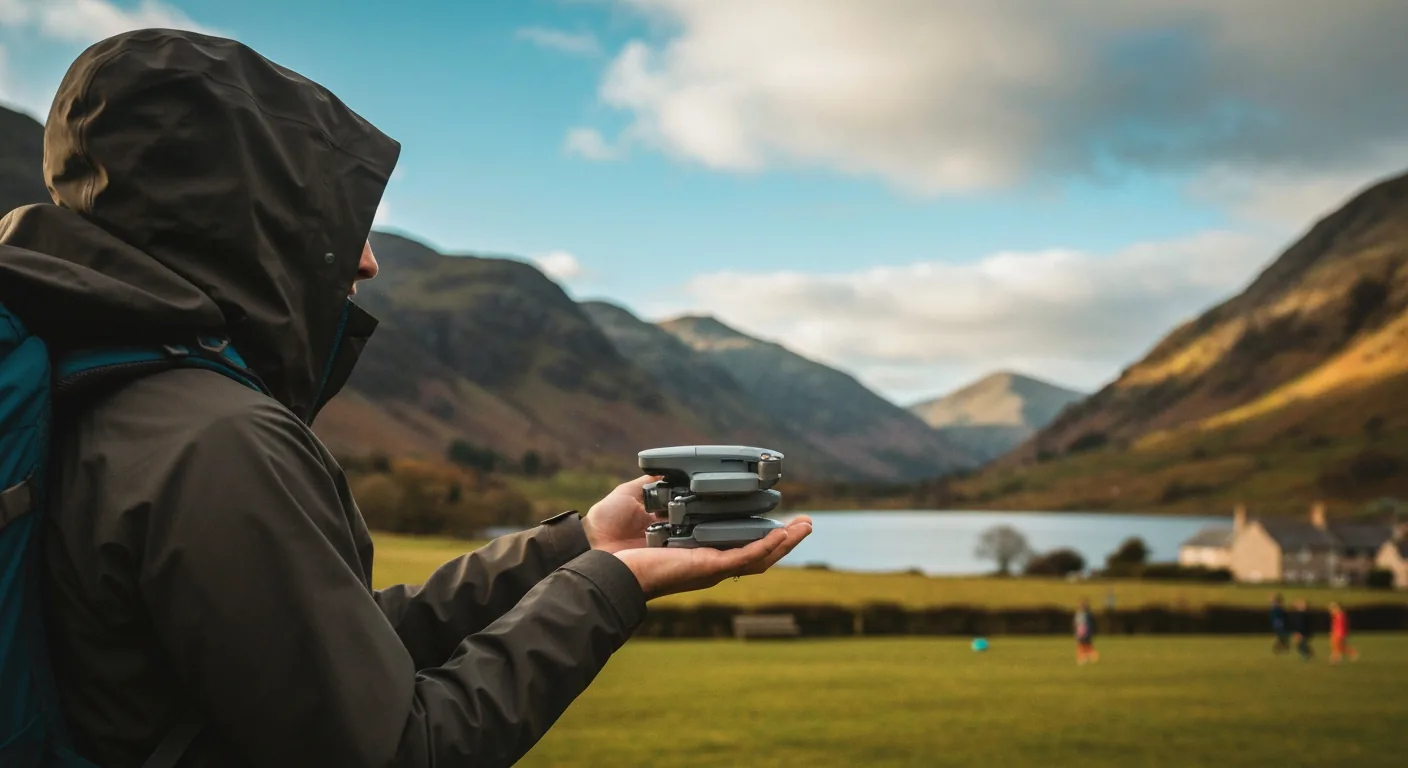 Hiker in waterproof shell jacket with a folded sub-250g drone in their open palm beside a Lake District tarn, dramatic mountains behind, overcast English daylight, photorealistic editorial, no faces shown above shoulders