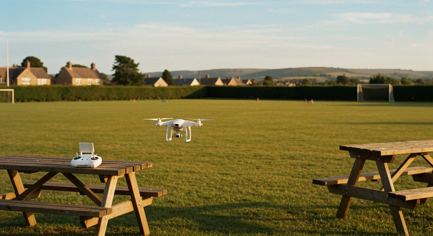 A small white sub-250g quadcopter drone hovering at low height above the cut grass of an empty Cotswolds village green at golden hour, a small remote controller resting on a wooden picnic bench in the foreground, no people in the frame, soft late-afternoon light, photorealistic editorial