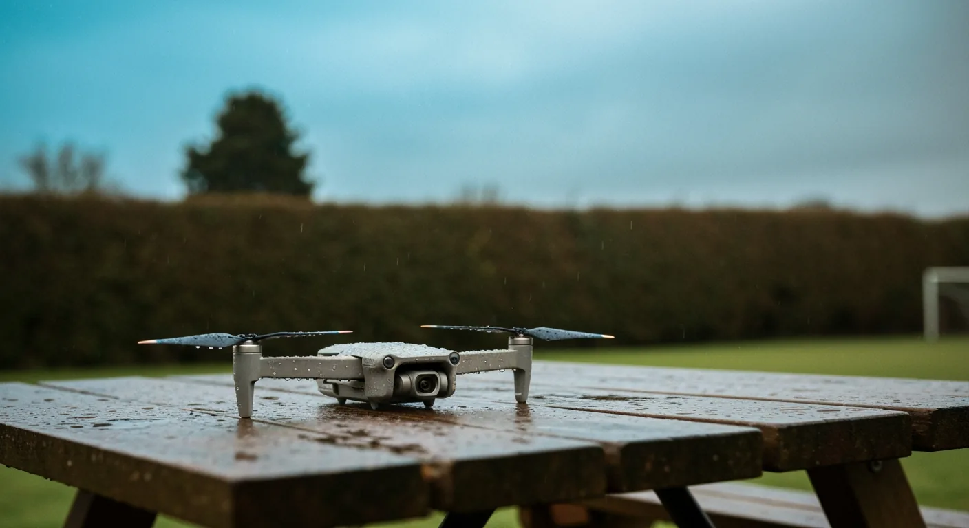 Foldable sub-250g drone resting on a damp picnic table, fine UK drizzle visible on the airframe and propellers, dark grey English overcast sky in background, hedgerow soft-focus behind, melancholy editorial photography