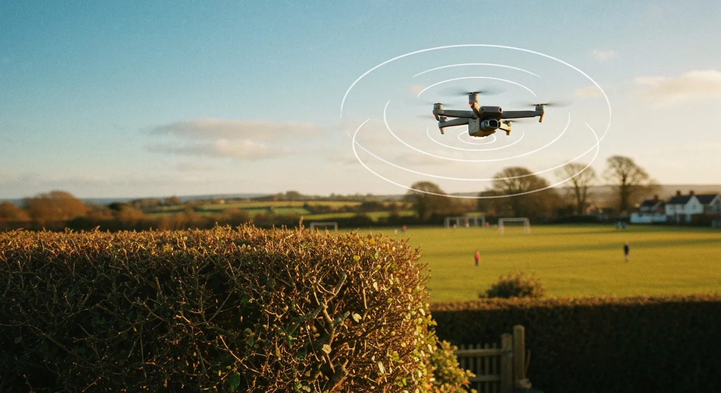 Compact sub-250g drone hovering near a hedgerow in a UK garden, illustrative subtle radial lines suggesting sensor field around the drone, late-afternoon golden-hour light, photorealistic editorial, no text labels