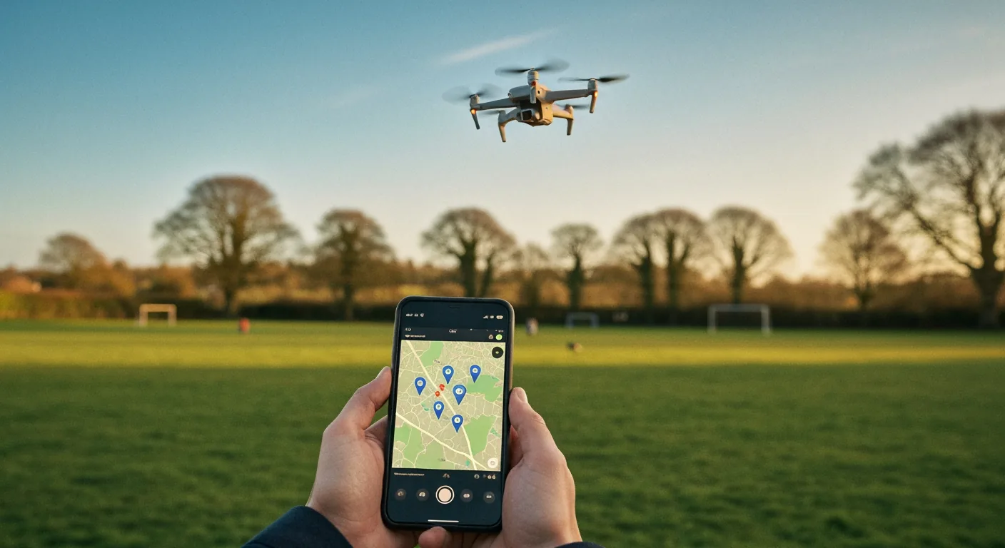 Hands holding a smartphone in a UK family park, screen showing a satellite map with multiple waypoint markers drawn as a flight path, sub-250g drone visible mid-air over treeline in soft background, warm spring afternoon light