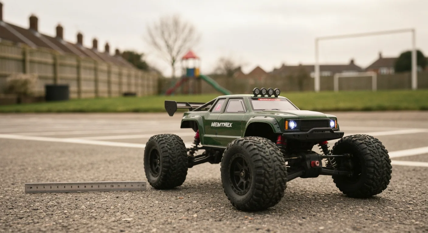 1/10 scale RC car next to a ruler showing its actual physical size compared to a 1/16 scale car
