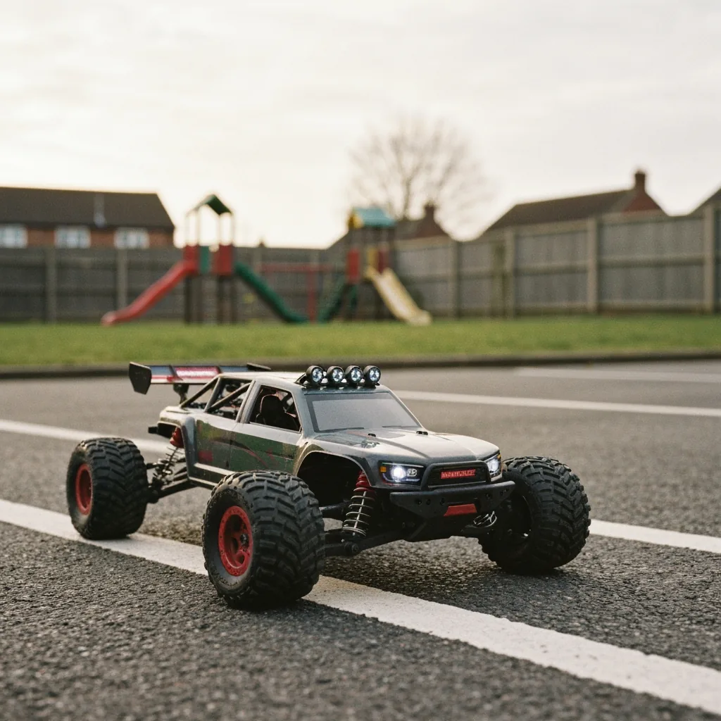 1/10 and 1/16 scale RC cars placed side by side to show the size difference