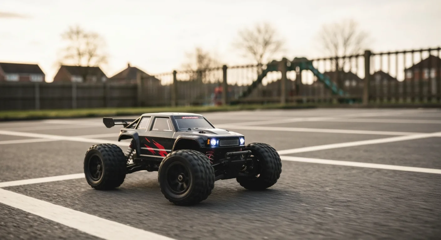 Brushless RC car at full speed on open tarmac with motion blur and speed lines