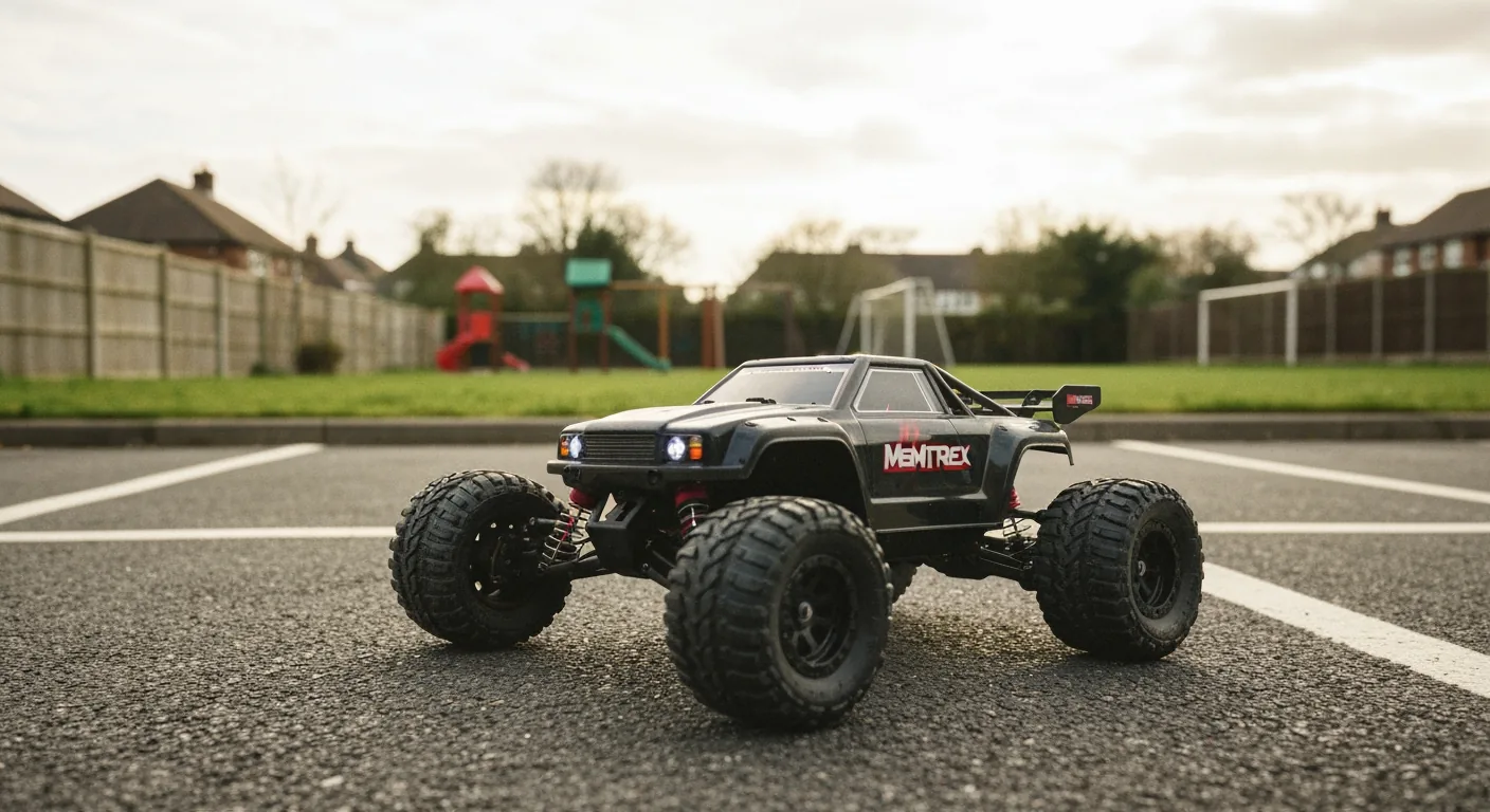 Adult with RC car in hand at an outdoor bashing spot on a sunny day