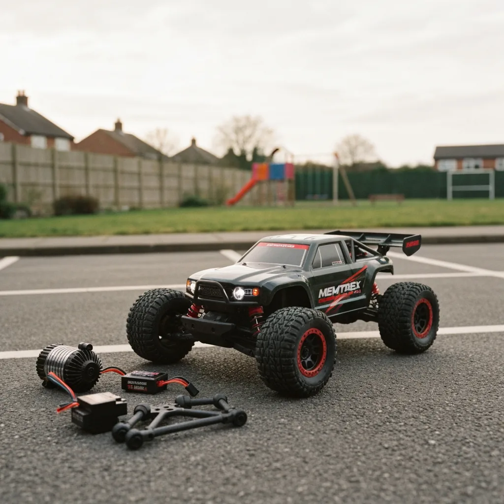 Range of hobby RC car components — motor, ESC, battery, suspension arms laid out