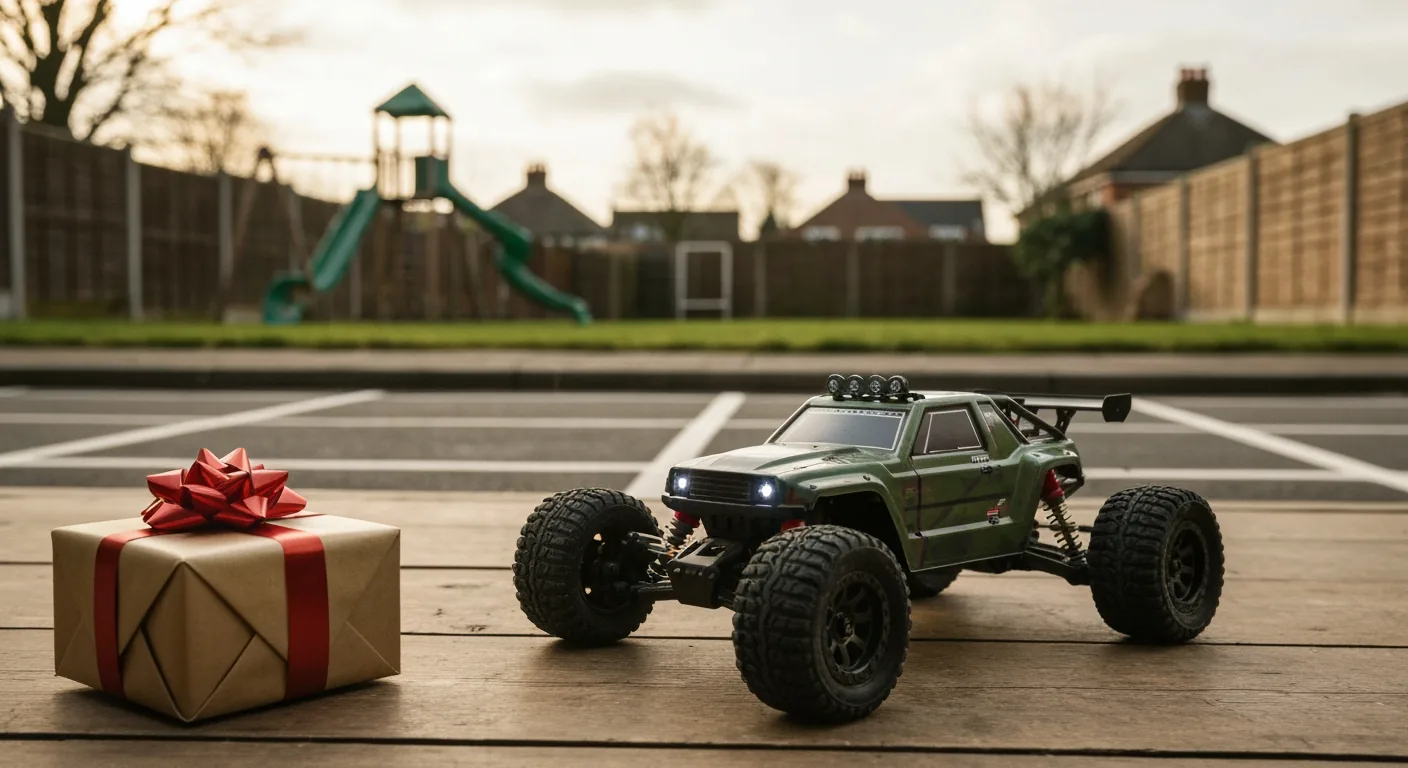 RC car in Christmas gift wrapping with ribbon bow on wooden floor — MemTrex Standard and Pro as Christmas gifts 2026