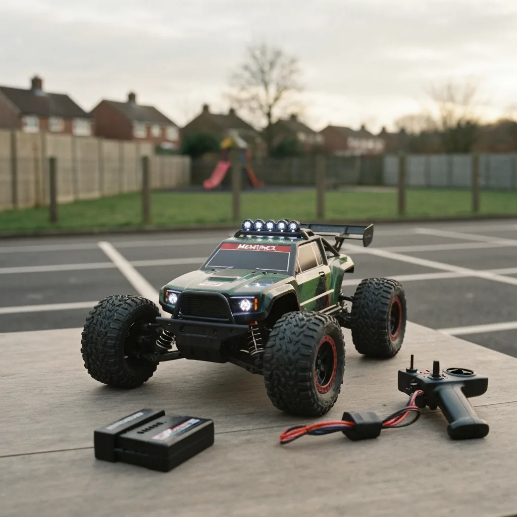RTR box contents unboxed — car, controller, battery, charger laid out on wooden surface