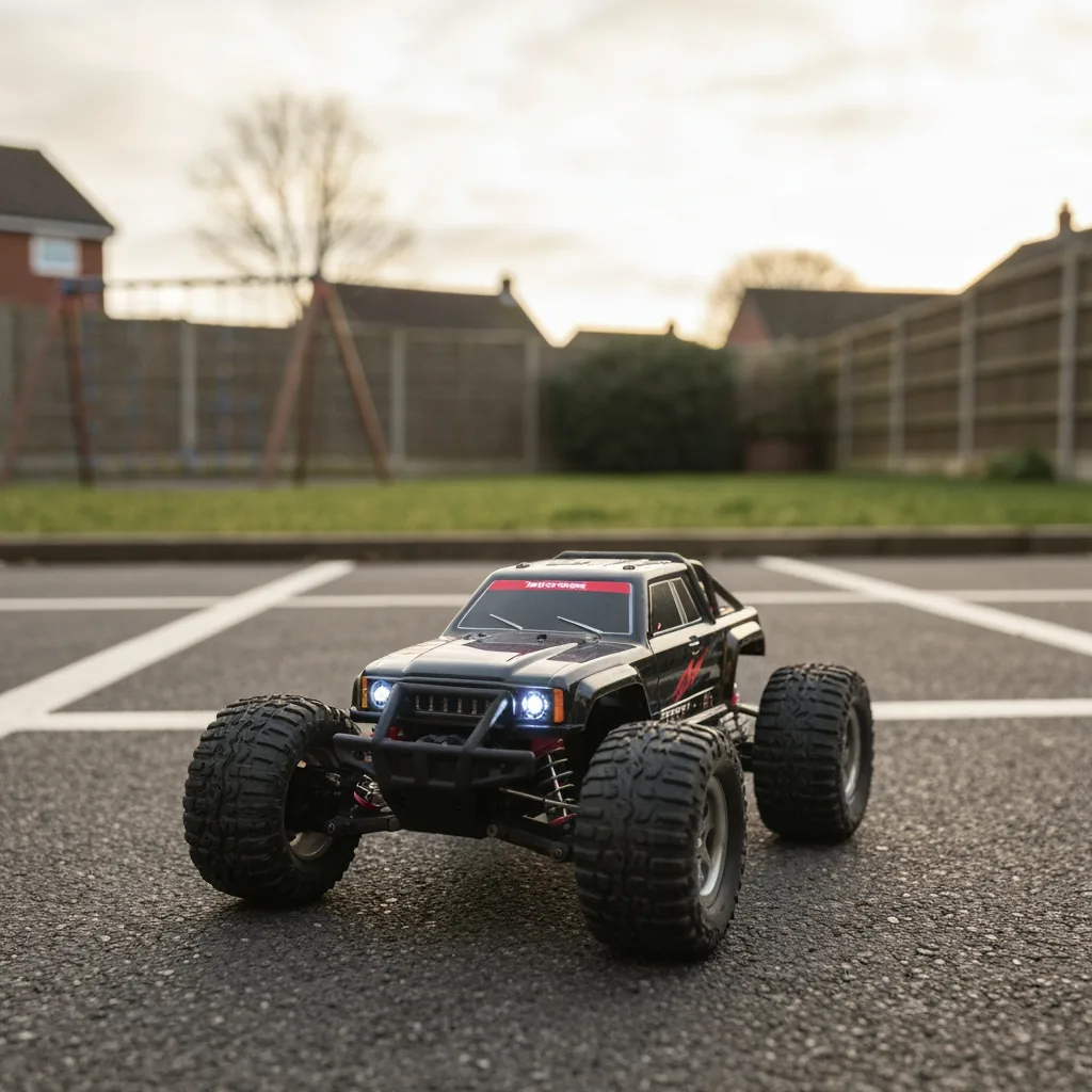 Child driving RC car in garden on Christmas Day in winter light