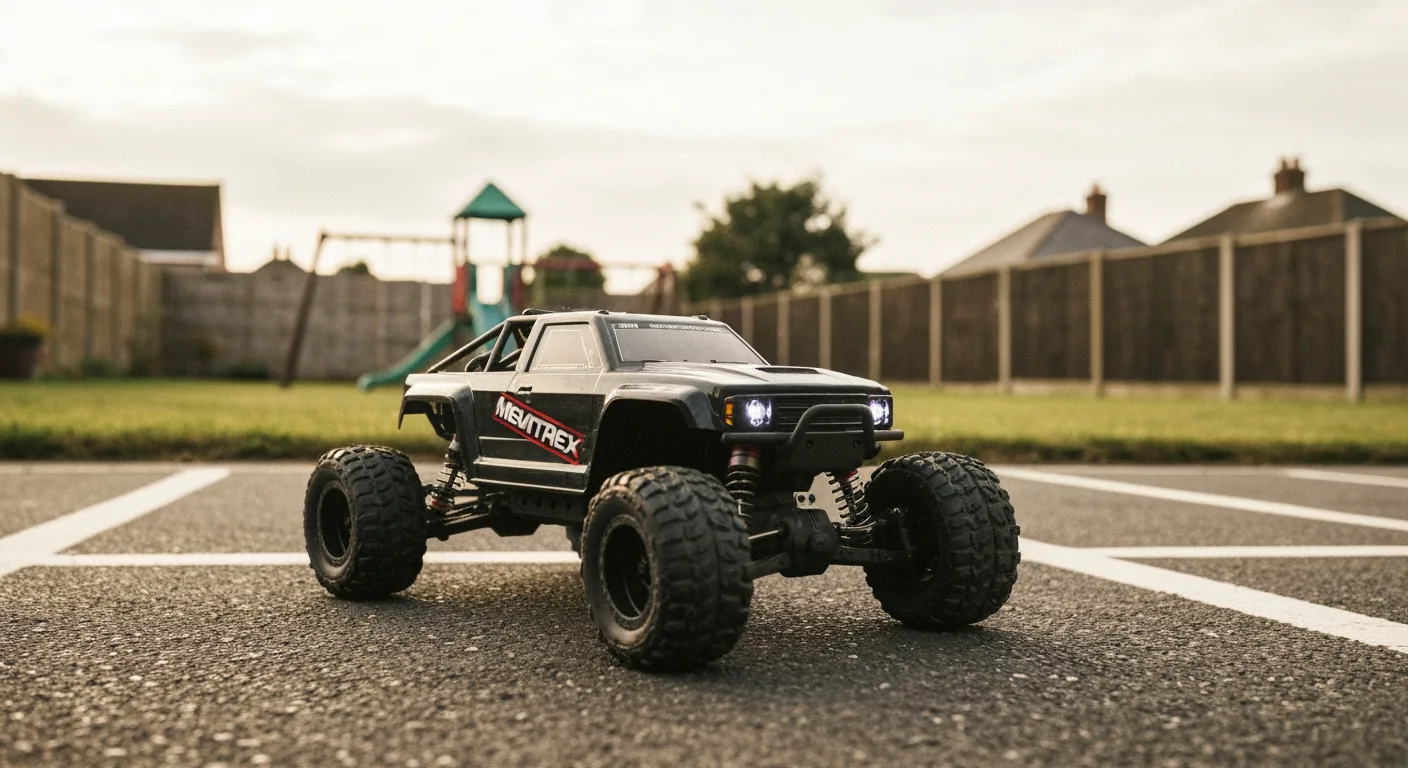 10-year-old child running a 1/16 scale RC car in a suburban garden, transmitter in hand