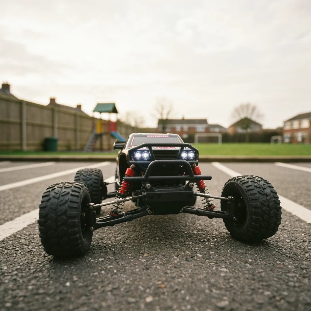 Close-up of RC car suspension arms and metal drive shaft components showing hobby-grade construction