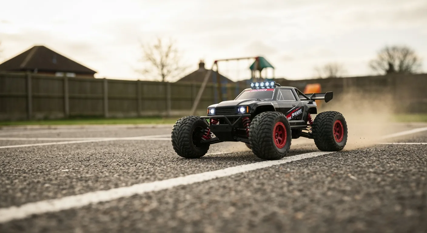 12-year-old running RC car on gravel track with dust trail behind the wheels