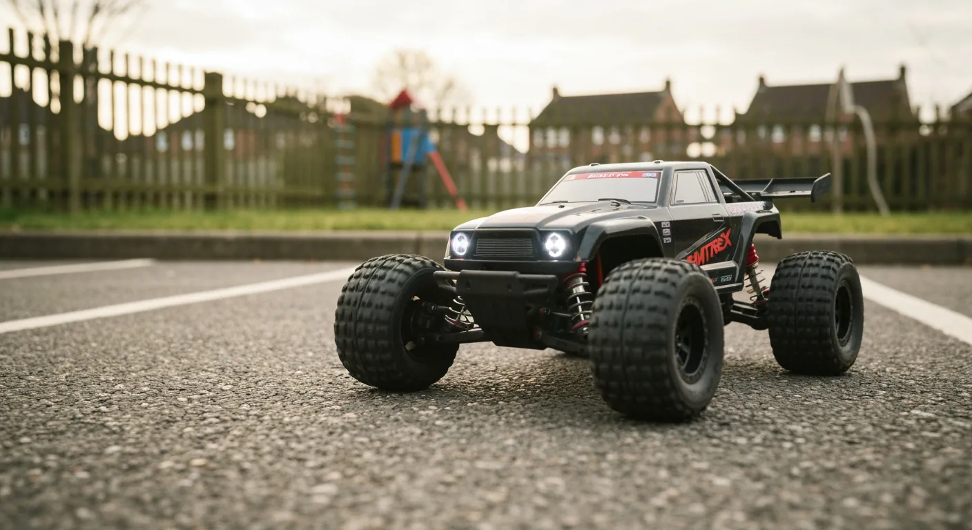 Teenager controlling a fast brushless RC car in a car park with motion blur on the tyres