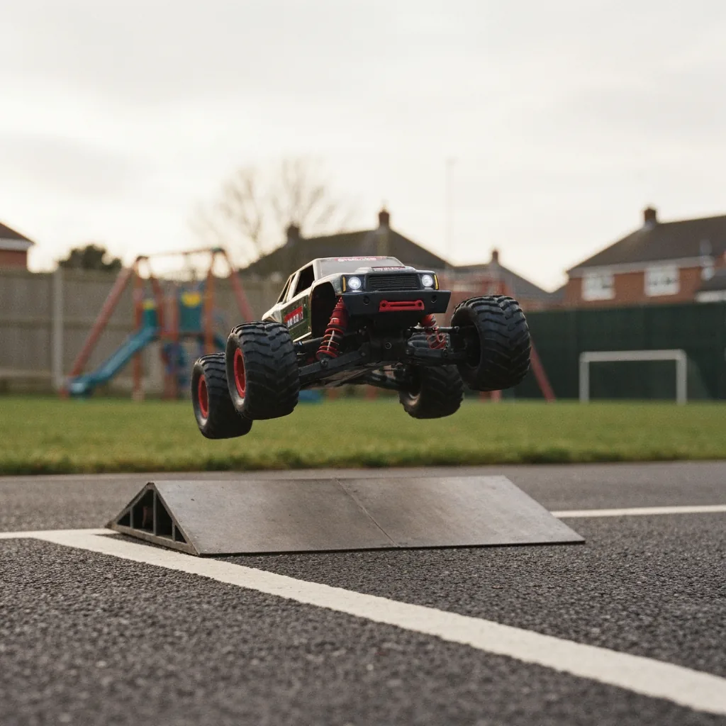 RC car mid-jump over a ramp at a UK park showing MemTrex Pro brushless performance