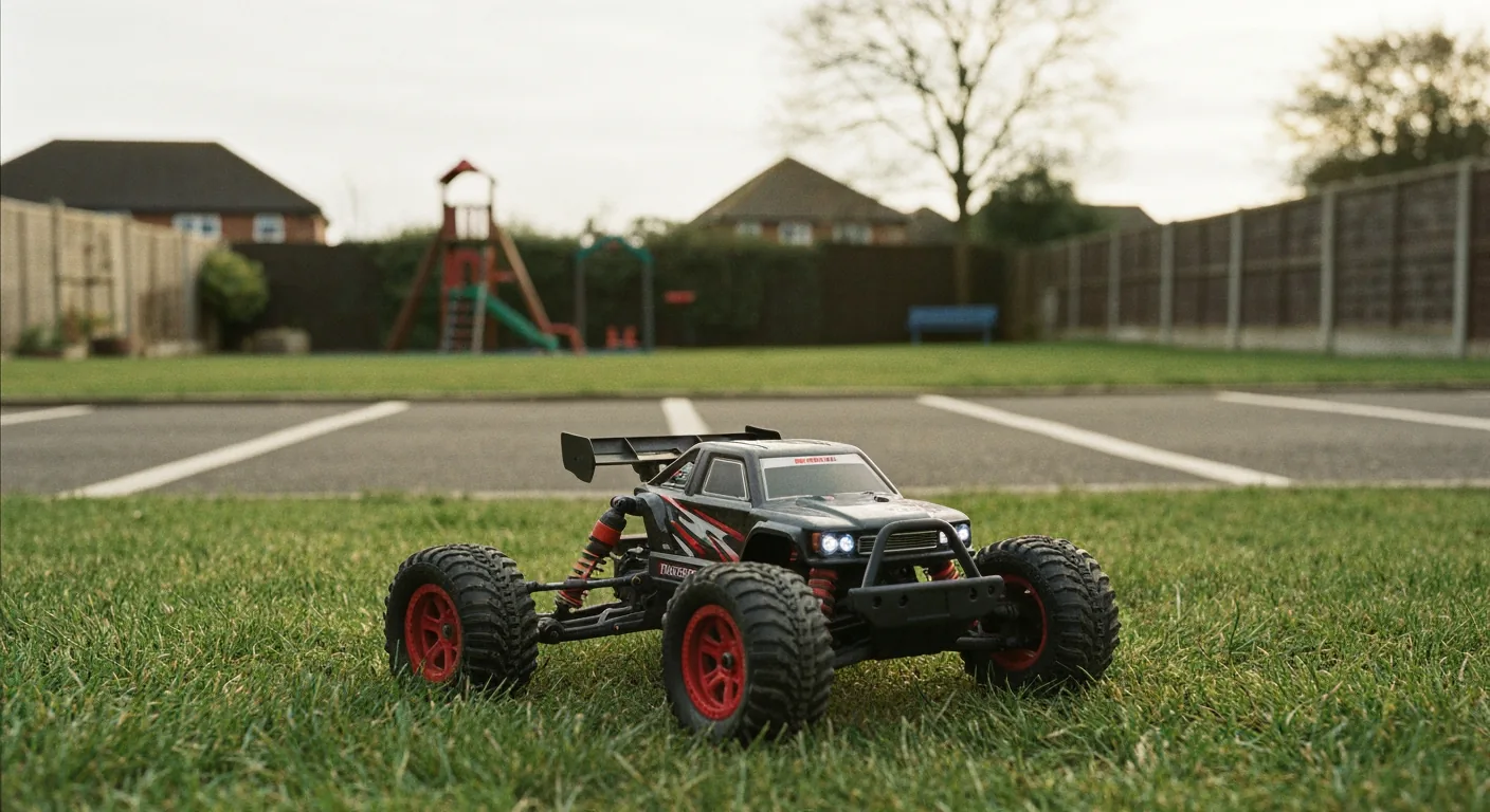 Young child aged 8 concentrating on controlling an RC car on grass in a UK garden