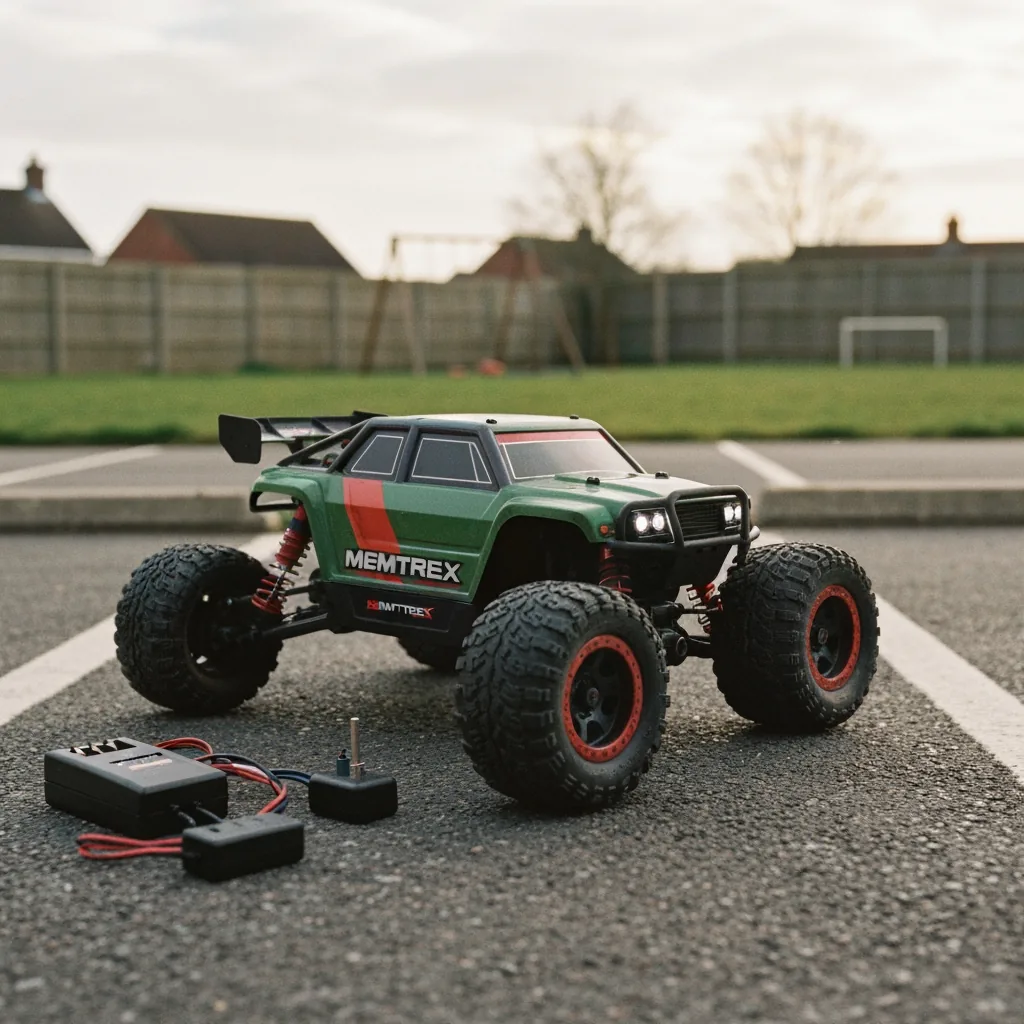 MemTrex Standard RTR box contents laid out — car, transmitter, battery, and charger all included