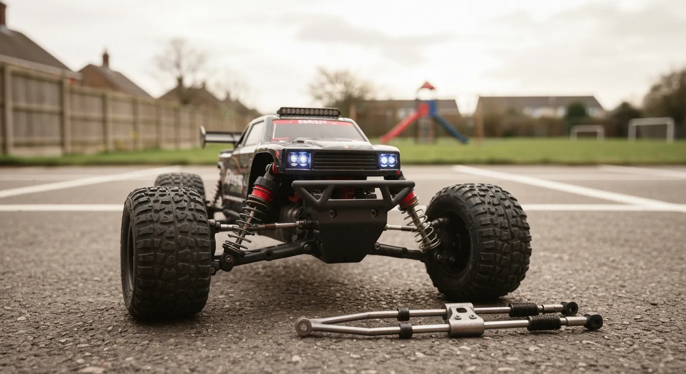 Close-up of a broken suspension arm on an RC car chassis with a replacement suspension arm placed beside it