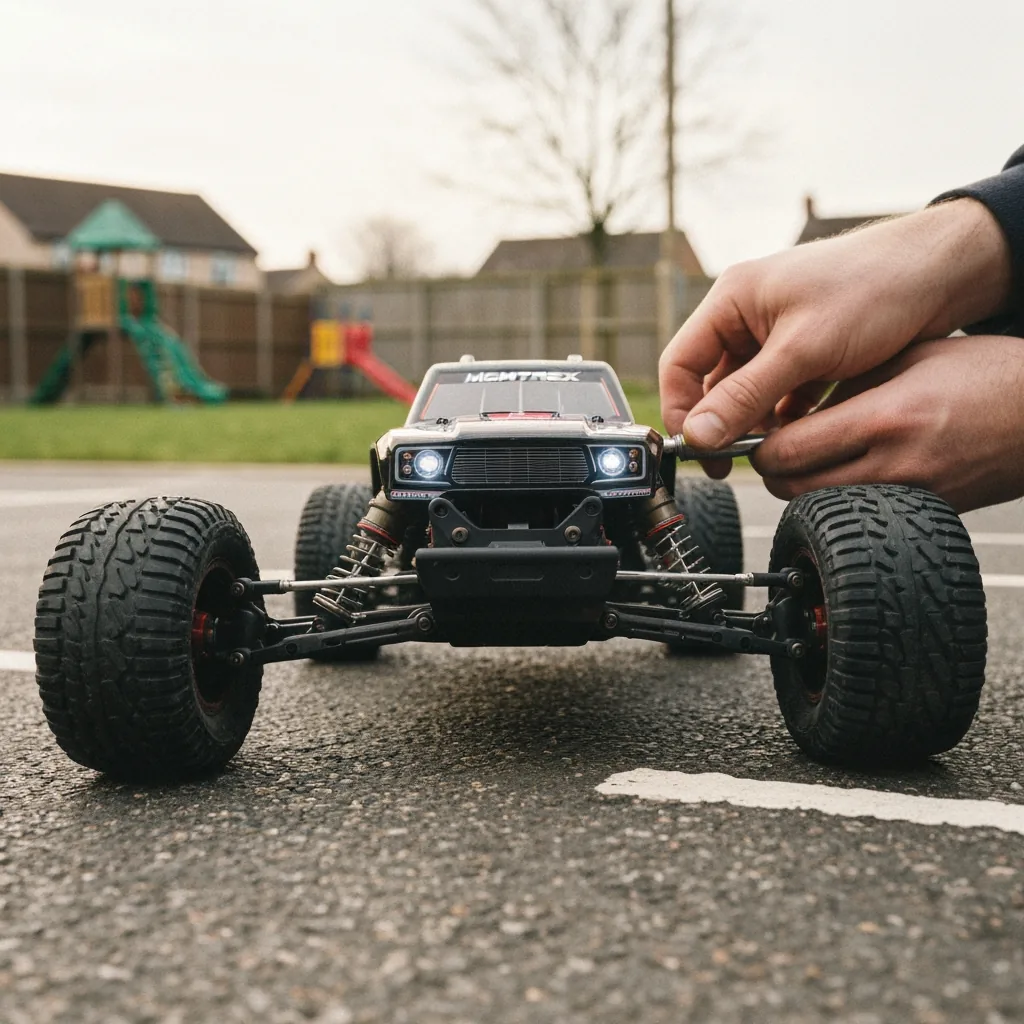 Hands fitting a replacement drive shaft to an RC car chassis