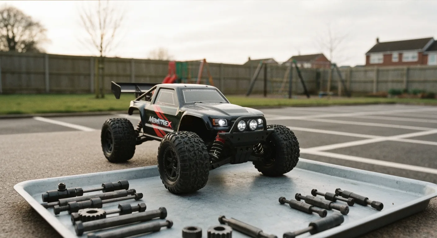 Tray of organised RC car spare parts — shafts, suspension arms, motor pinions laid out for identification