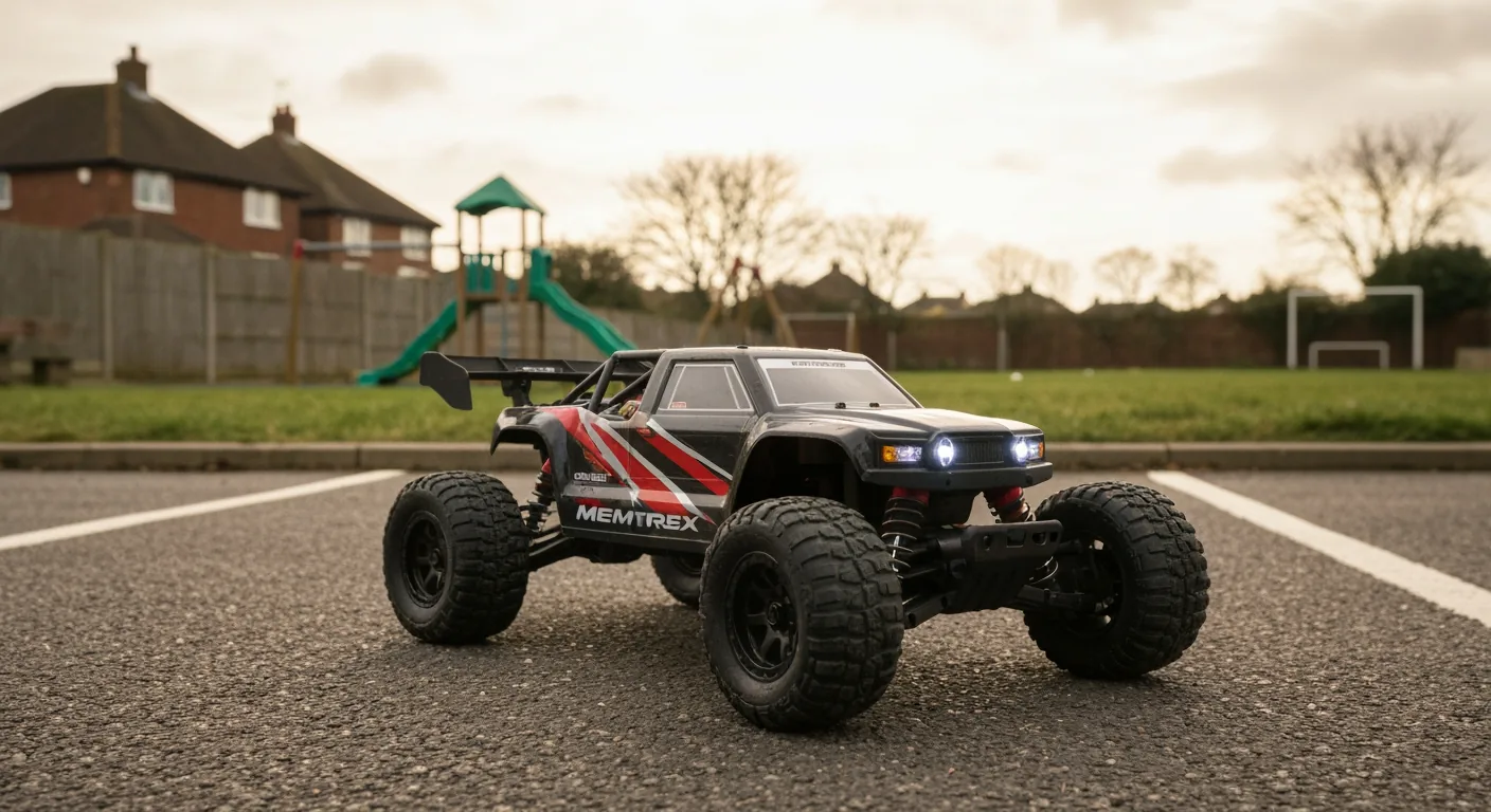 Children of different ages with age-appropriate RC cars — 8-year-old with MemTrex Standard brushed 40km/h, 14-year-old with MemTrex Pro brushless 80km/h