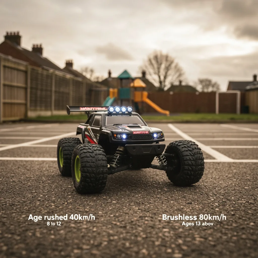 Age and speed bracket chart showing brushed 40km/h for ages 8 to 12 and brushless 80km/h for ages 13 and above