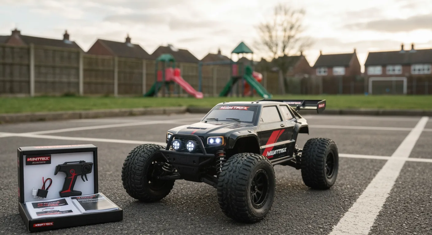 RTR RC car box open showing all included components labelled — car, transmitter, LiPo battery, USB charger, and manual