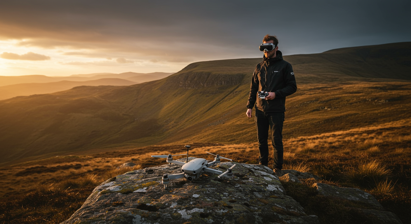 FPV pilot holding DJI goggles beside an assembled 5-inch FPV drone on a hilltop in northern England