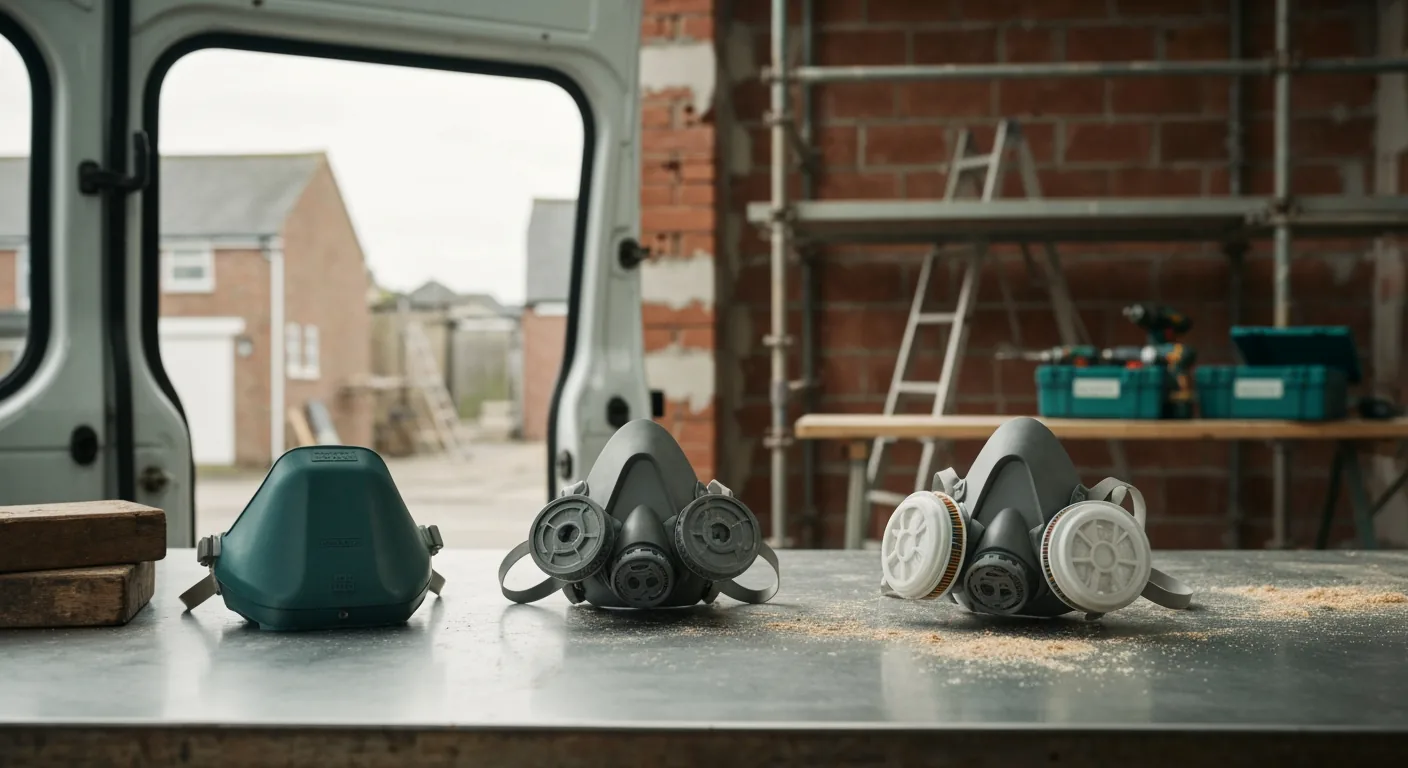Three reusable half-face respirators arranged side by side on a brushed-steel workshop bench — a low-profile compact one on the left, a classic twin-cartridge bayonet one in the middle, and another twin-cartridge variant on the right — soft cool daylight from above, photorealistic editorial, no logos or text visible