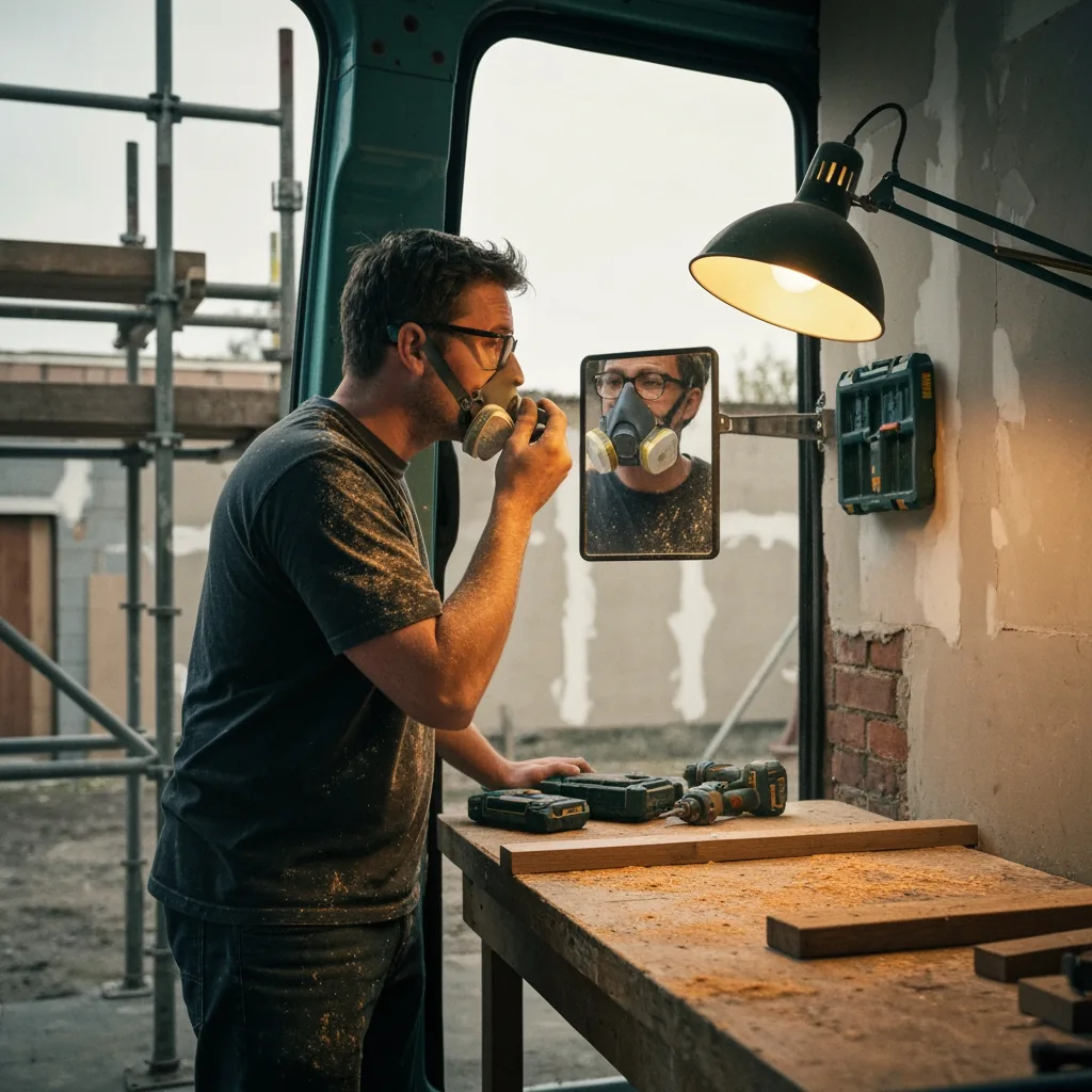 Glasses-wearing UK joiner in a workshop trying on a half-face respirator and inspecting his face in a small mirror clipped to the wall, sawdust on his shoulder, warm bench-lamp light, shallow depth of field