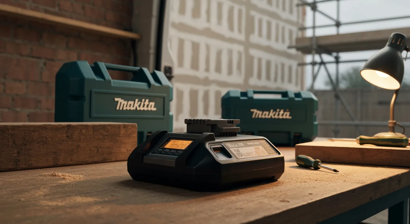 Close-up of a Makita-style 18V LXT battery seated on a black rapid charger on a workshop bench overnight, single warm garage lamp, charger LCD glowing softly amber, battery cooling vents visible, screwdrivers and a timber off-cut nearby in the soft shadow