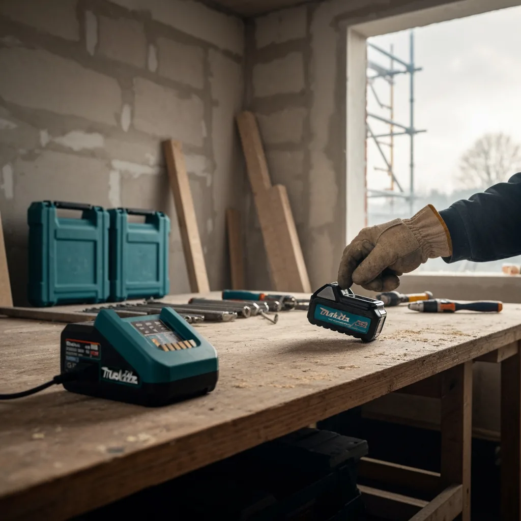 Wide shot of a UK trade workbench at dawn, Makita-compatible charger plugged into a spur socket, battery being lifted off, hand of a tradesman in scuffed work gloves, frosted morning light through a workshop window, second-fix tools laid out behind