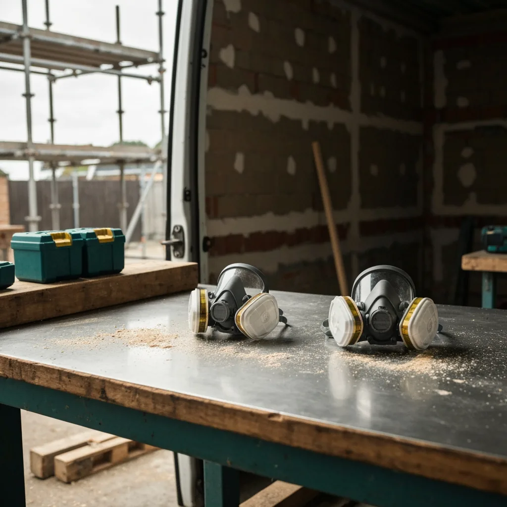 Workshop bench with three respirator types laid in a row — disposable FFP3, half-face reusable, and replacement P3 cartridges — overhead diffused daylight, brushed steel bench top, shallow depth of field, no text labels