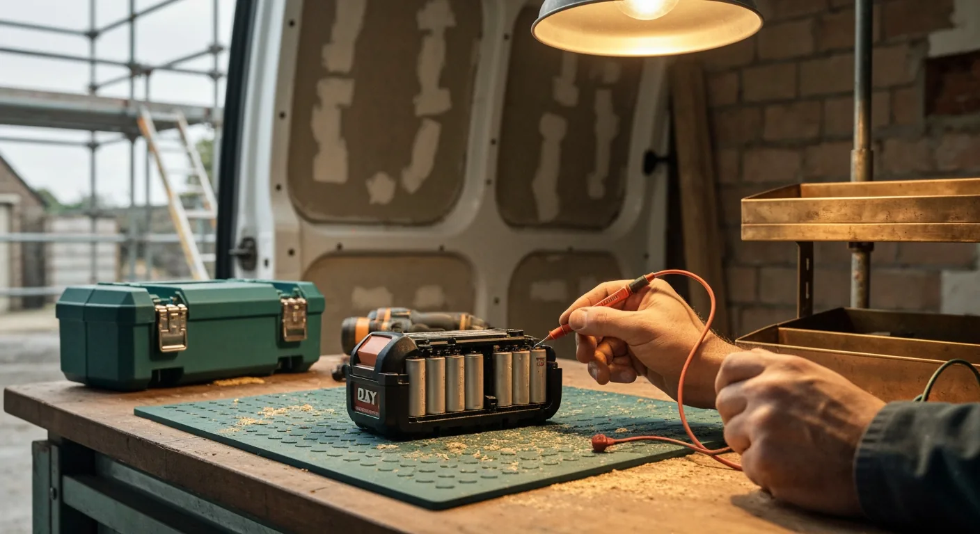Macro photo of a partially-disassembled 18V LXT-style battery pack on a workshop mat, individual lithium-ion 18650 cells visible inside the casing, technician's hand with a multimeter probe gently touching a contact, warm overhead bench light, brass tool tray in background