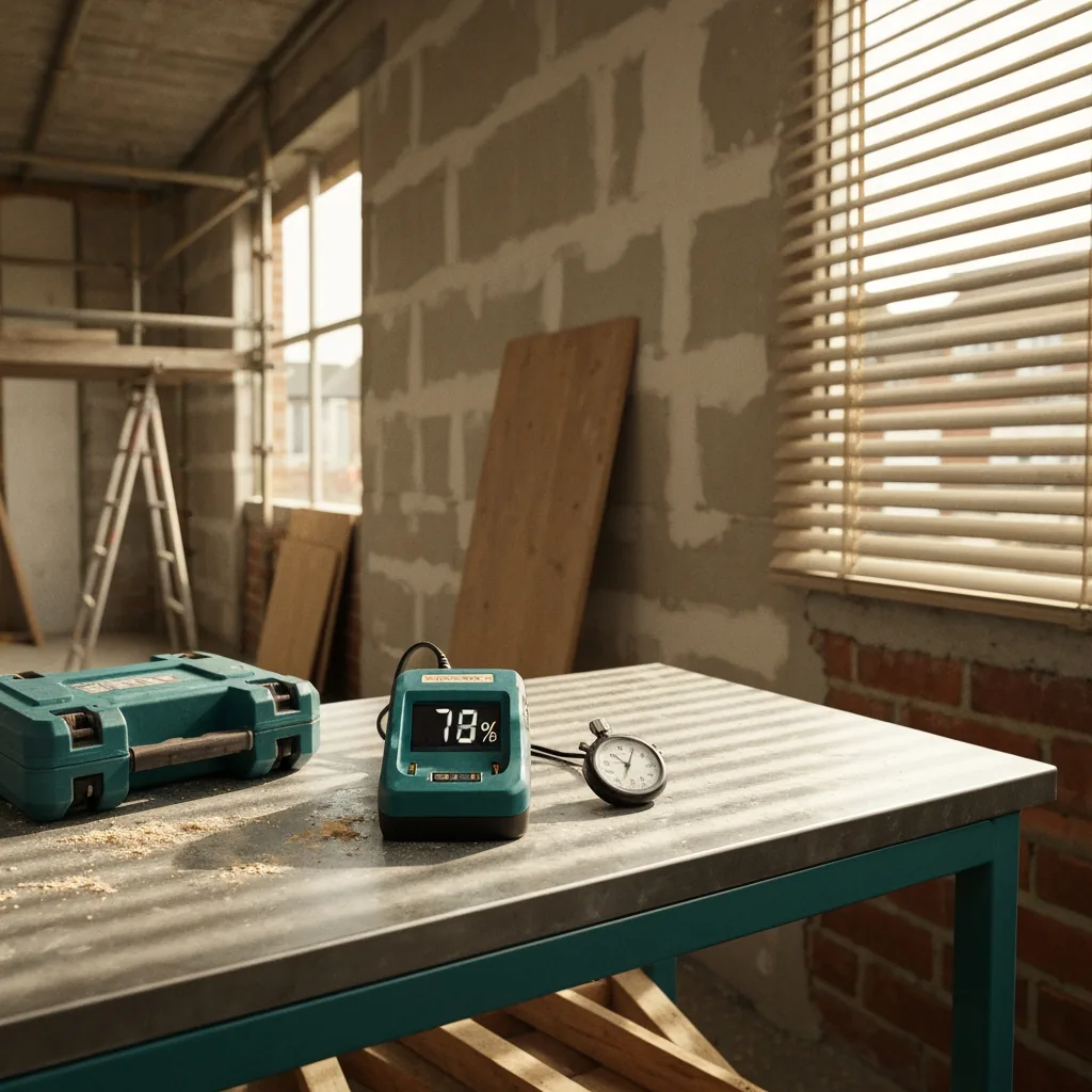 Top-down on a charger LCD reading 78%, with a small stopwatch sitting beside it on a brushed-steel bench, soft morning daylight through workshop slatted blinds, dust motes